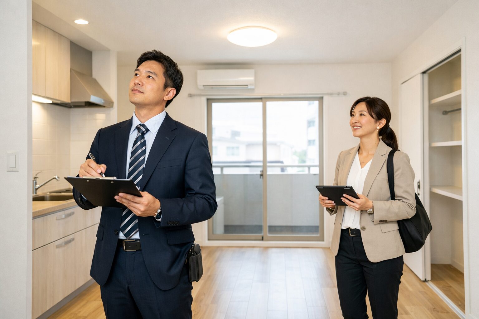 空室のアパートを点検する管理スタッフ