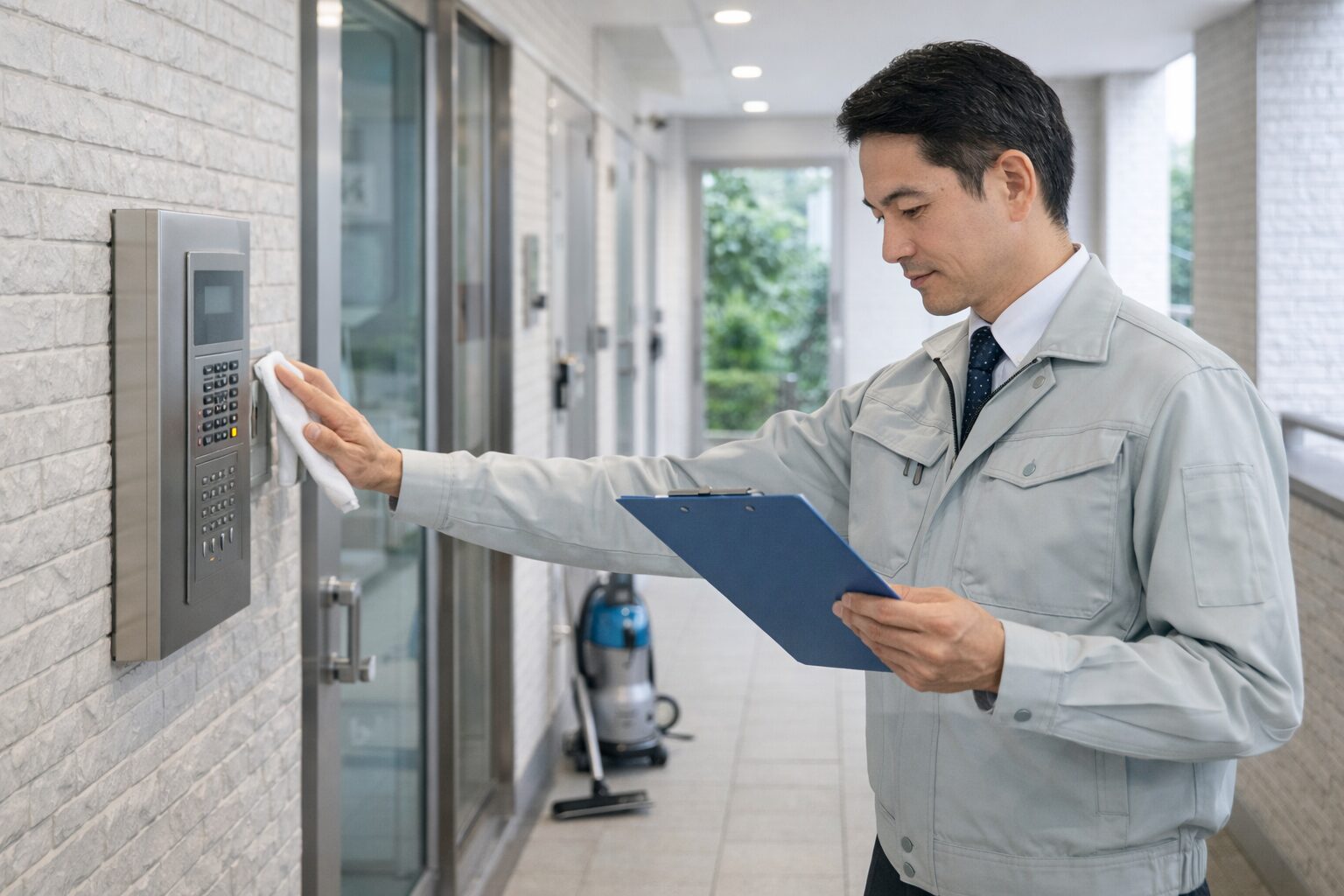 アパート共用部を点検する管理スタッフ