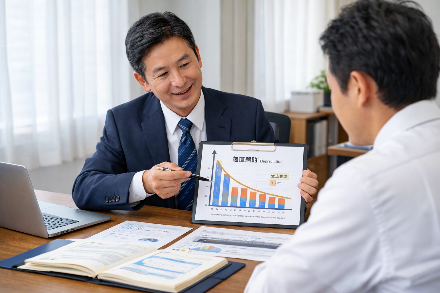 減価償却を説明する税理士