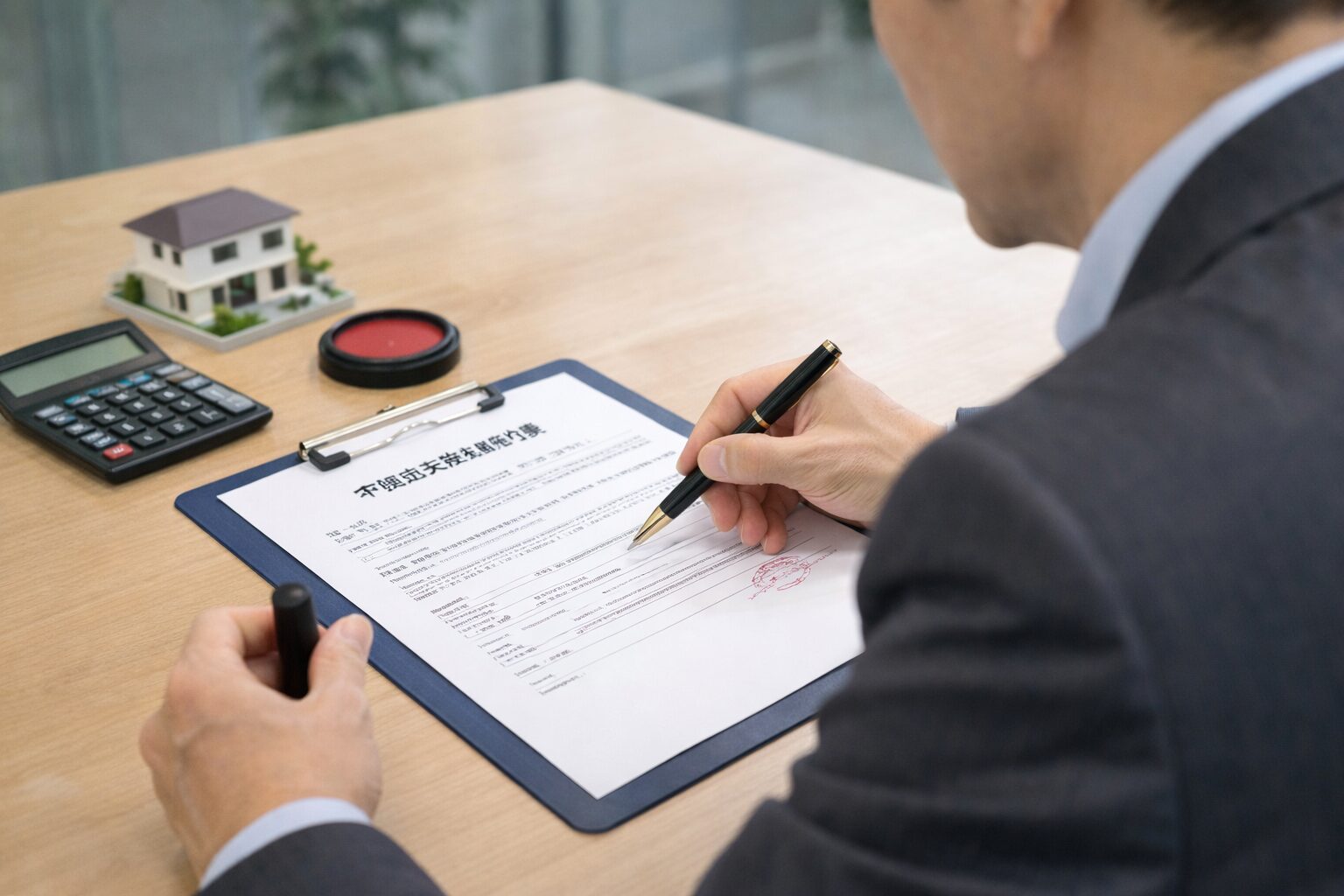 不動産売買契約書にサインするシーン