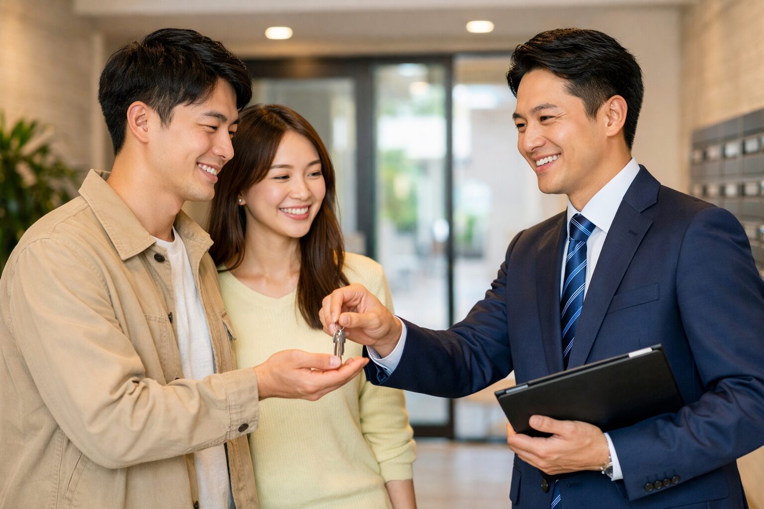 新入居者に鍵を渡す不動産エージェント