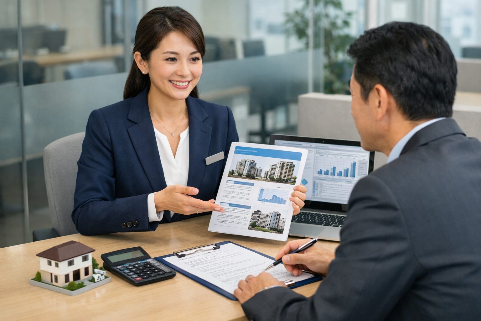 銀行窓口でローン説明を受ける不動産投資家